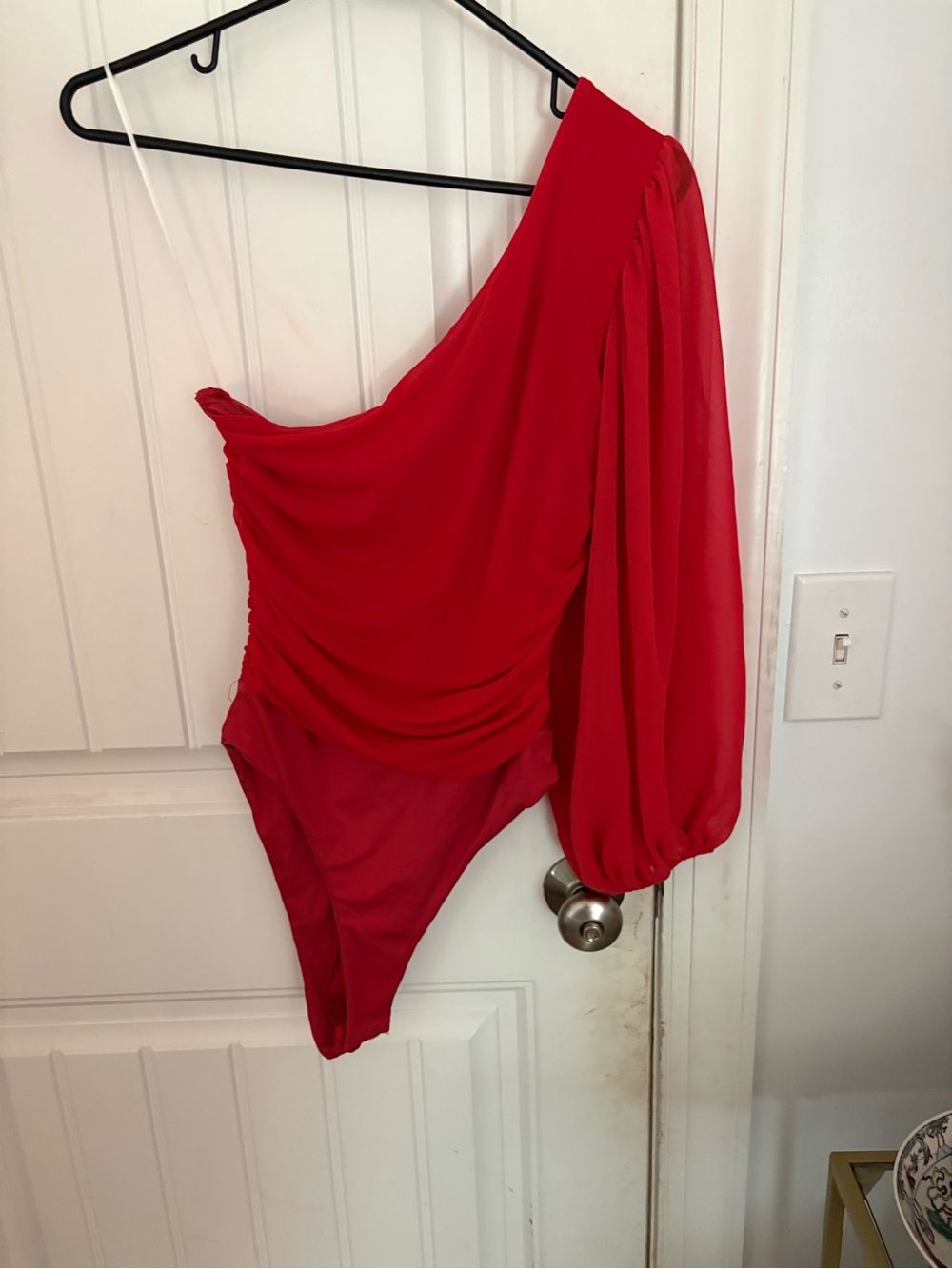 Hello Molly One-Shoulder Red Draped Bodysuit with Balloon Sleeve